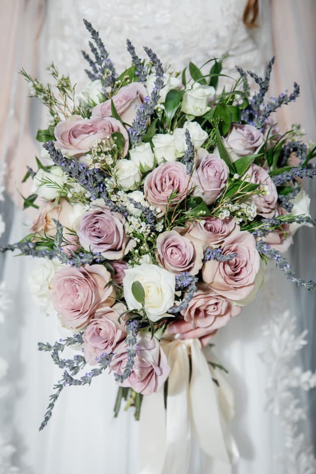 Pastel colored cascade bridal bouquet